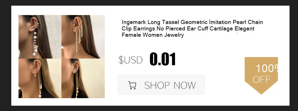 Brinco de Clip Geométrico com Pérolas Imitadas Ingemark Long Tassel Sem Perfurar Para Orelha Cuff Cartilagem Elegante Feminino Joia
