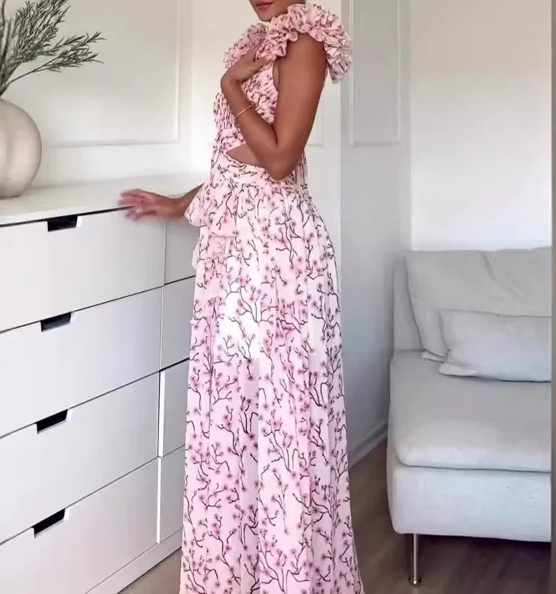 Vestidos para Mulheres 2025 Verão Nova Moda Impressão Costas Descobertas Sem Mangas Sexy Temperamento Comutação Elegante Vestido Longo com Alças