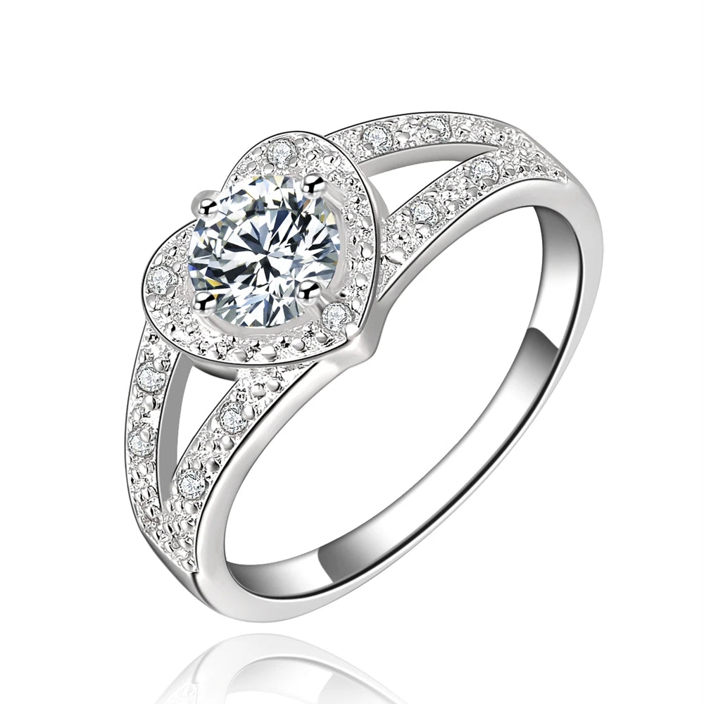 Anel de Zirconia em Coração 925 Prata Esterlina Fina 6-10# para Mulheres Casal Moda Presente de Casamento Acessórios de Joias