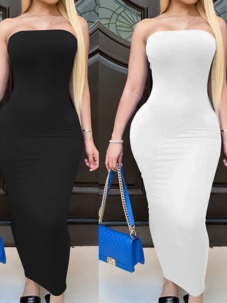 Vestido de Verão Feminino Sólido Sexy Sem Mangas com o Peito Envolvido Vestido Longo de Praia