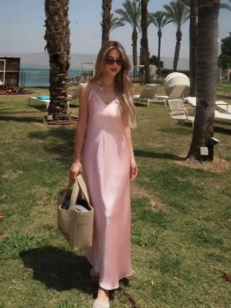 Vestido Longo Elegante Sem Mangas TRAFZA Feminino de Verão Amarelo Manchado com Decote em V para Festa e Férias 2025