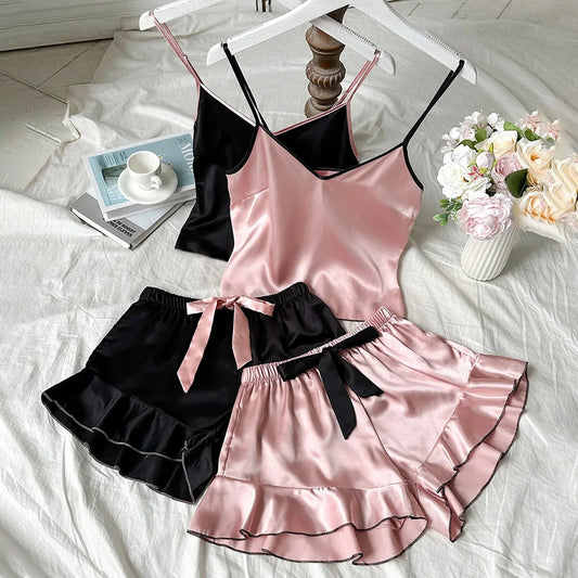 Pijamas femininos de satin lisos com camiseta em V, bordas com babados e shorts com laço. Conjunto de pijamas simples e respirável para casa.