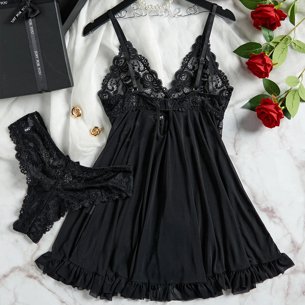 Conjunto de Lingerie Transparente Vermelha Sexy para Mulheres, Roupas de Dormir, Camisola de Renda e Calcinhas, Pijamas Femininos de Papai Noel