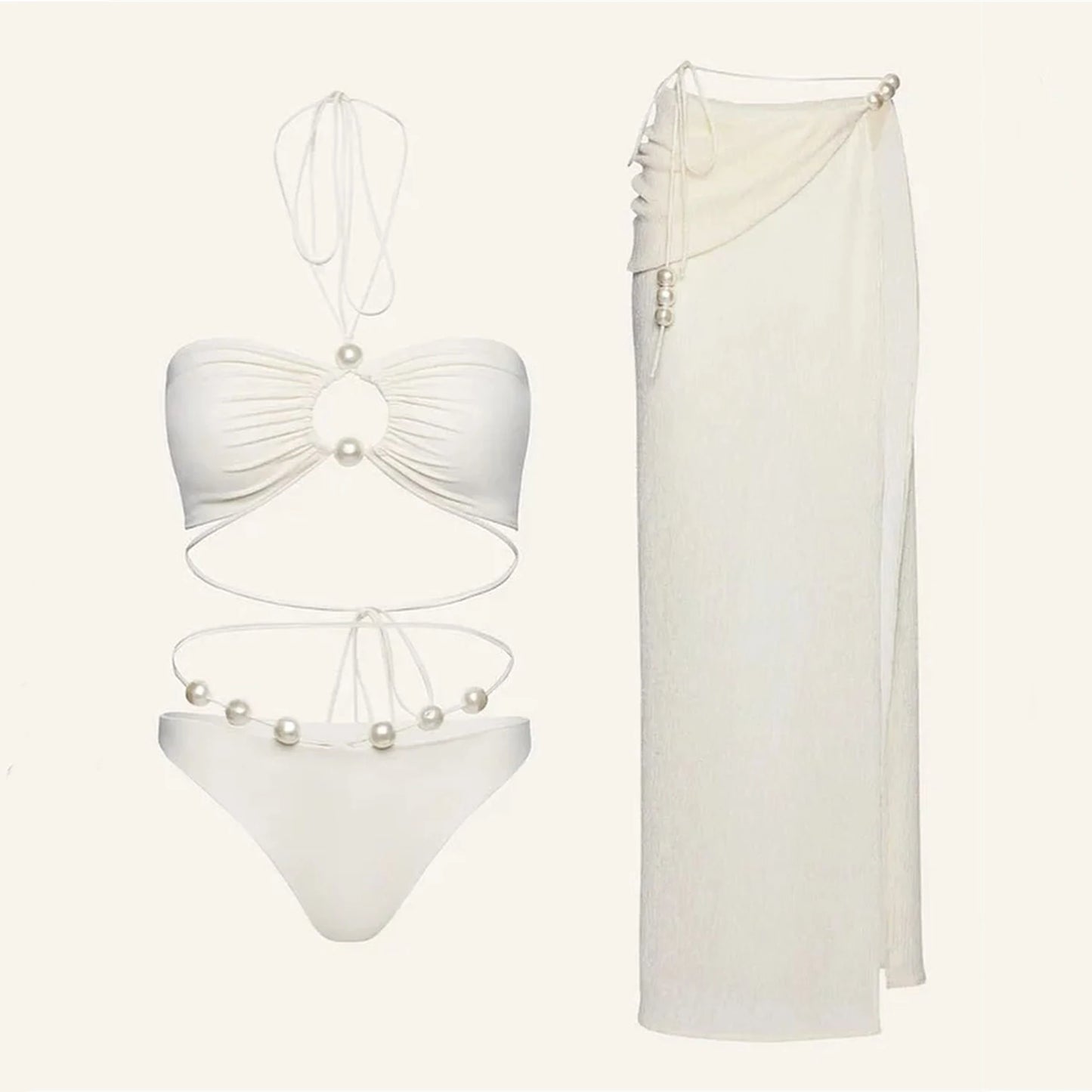 Conjunto de Biquíni Sexy com 3 Peças e Capa, Biquíni Branco com Pérolas, Maiô Feminino Halter, Roupa de Banho com Ombros Descidos, Biquíni para Praia