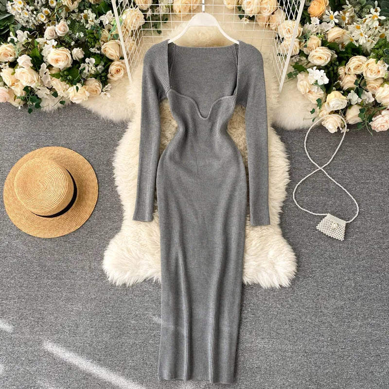 Vestidos para mulheres 2026 vestido justo sem alças em tricô canelado sexy, vestido de suéter midi de manga longa para o inverno