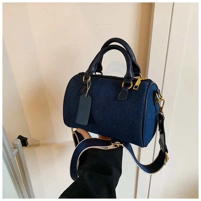 Cross Body Bags Casual Street Small Boston Bag 2025 Designer Purses Patchwork Colorblock Mini Handbags For Women Denim Shoulder