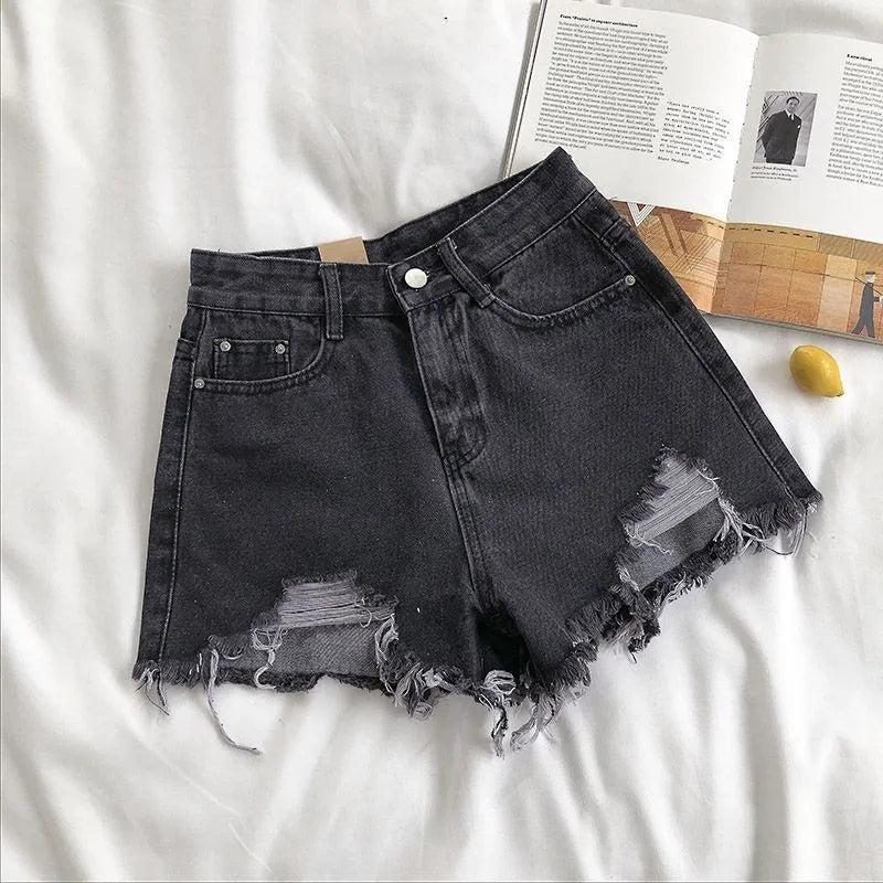 Shorts de Jeans Femininos em Denim Coreano Moda de Verão Casual Cintura Alta Jeans Rasgado com Bolso Tassel Y2K Hot Pants Streetwear Calças Azuis