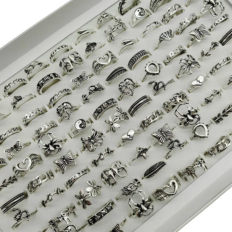 30 peças/lote Anel de liga para mulheres, atacado de fábrica, NOVO, HOT, anel grande de flor recortada, caveira, aranha, animal, folha, amor, joia de cobra.