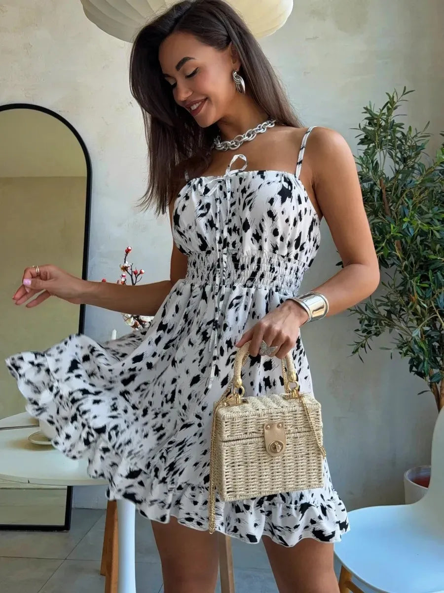 Novo Vestido Feminino de Verão Estampado com Amarração, Vestidos Sem Manga, Vestidos Florais, Vestidos Casuais, Vestidos Elegantes, Roupas Femininas 2025