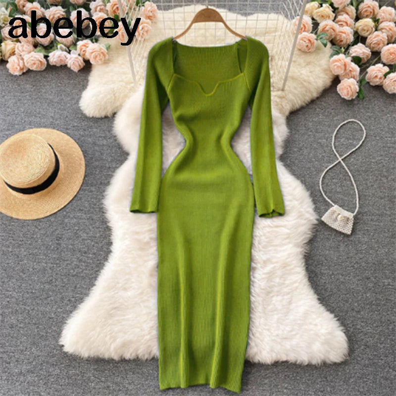 Vestidos para mulheres 2026 vestido justo sem alças em tricô canelado sexy, vestido de suéter midi de manga longa para o inverno