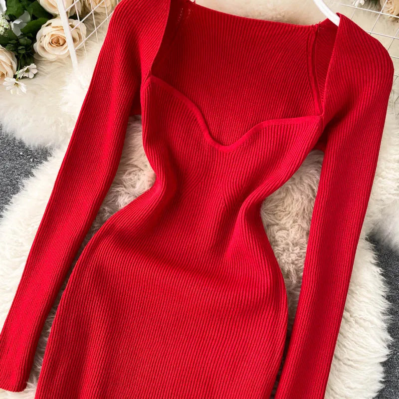 Vestidos para mulheres 2026 vestido justo sem alças em tricô canelado sexy, vestido de suéter midi de manga longa para o inverno