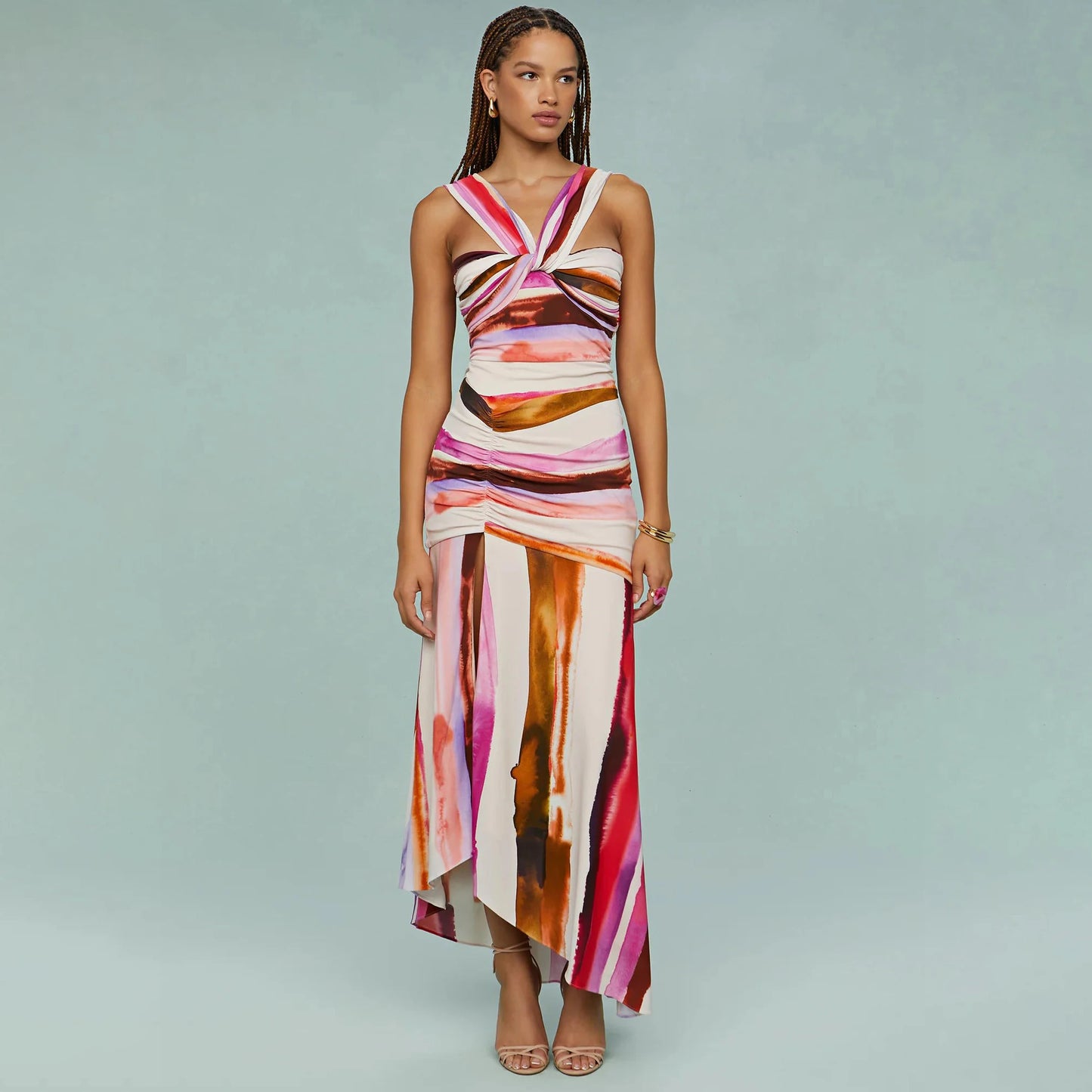 Conjunto de 2 peças de maiô listrado com saia longa, biquíni sexy feminino com push up, halter, biquíni feminino, traje de banho modelador, roupa de praia.