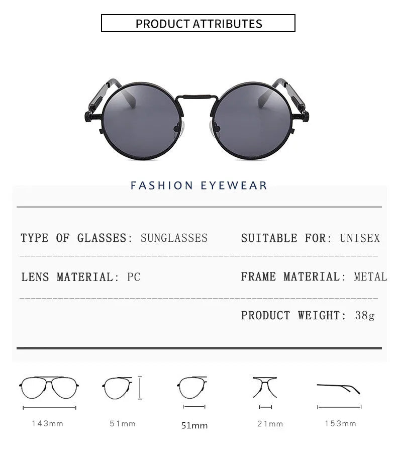 Óculos de sol estilo punk vintage para homens, armação redonda em metal, óculos de sol para mulheres, moda, eyewear, gafas de sol mulher UV400