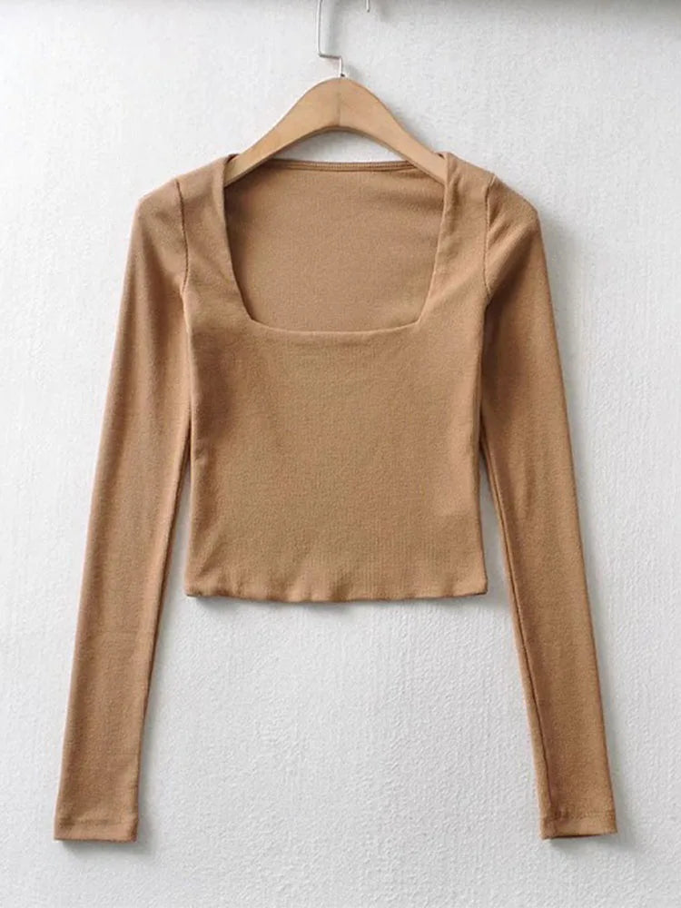 Blusa cropped de decote quadrado com mangas longas e textura canelada para mulheres