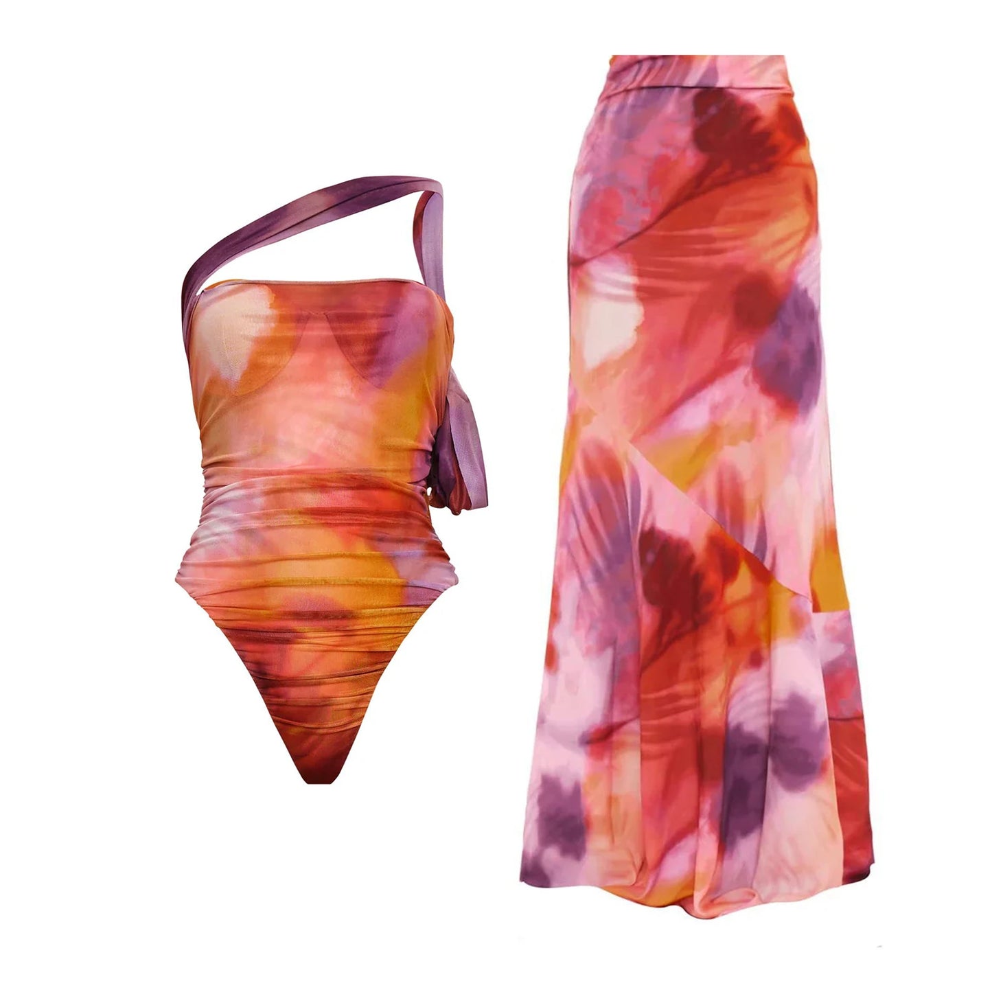 Maiô Com Um Ombro e Capa Sexy Biquíni Feminino, Biquíni Floral com Push Up, Roupa de Banho Feminina, Conjunto de Praia