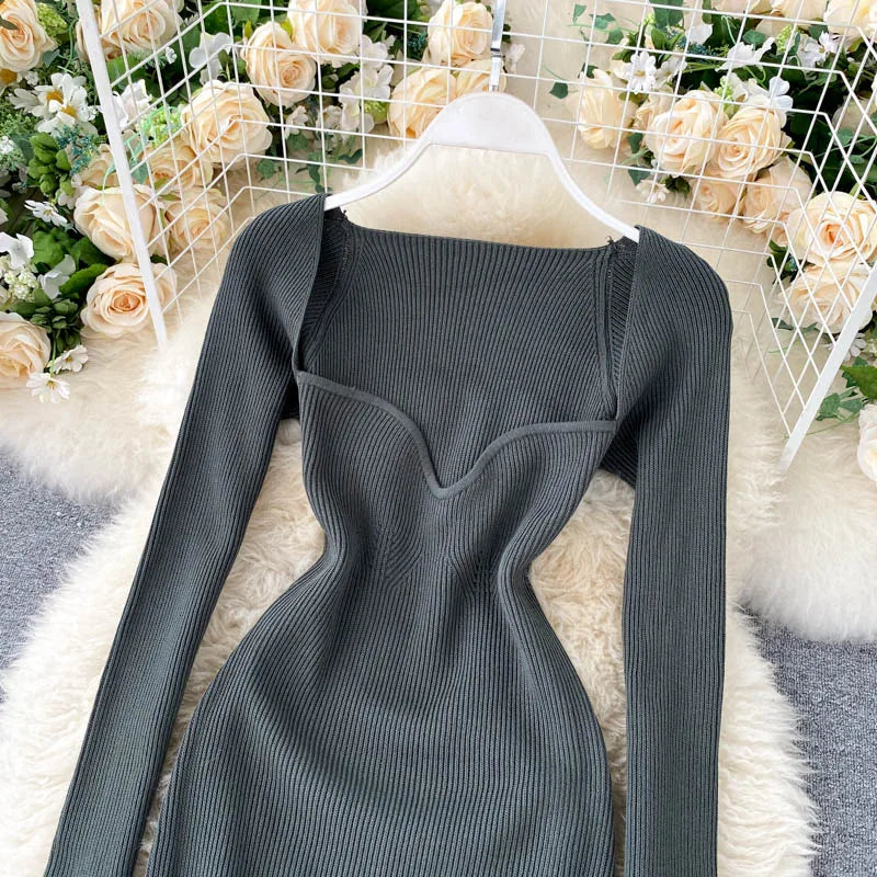 Vestidos para mulheres 2026 vestido justo sem alças em tricô canelado sexy, vestido de suéter midi de manga longa para o inverno