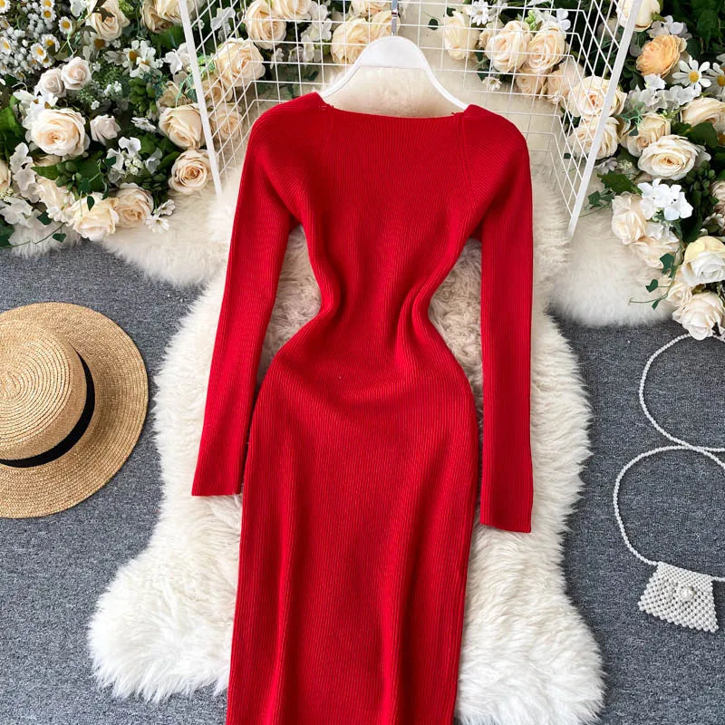 Vestidos para mulheres 2026 vestido justo sem alças em tricô canelado sexy, vestido de suéter midi de manga longa para o inverno
