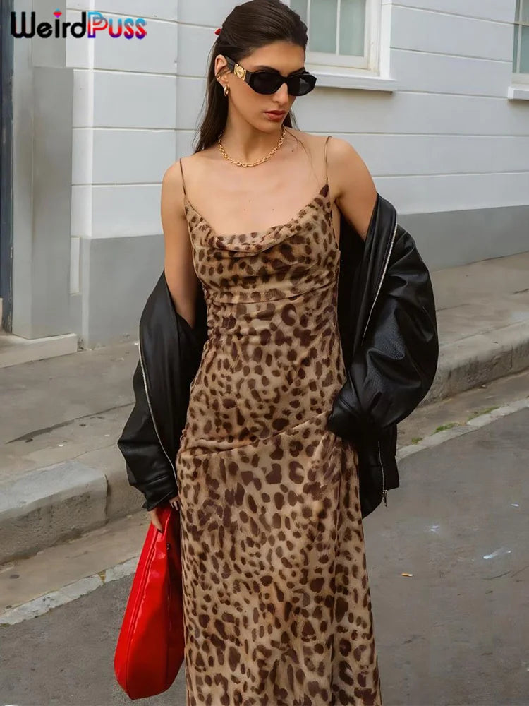 Vestido de Verão Sexy com Estampa de Onça Puss Estranha para Mulher, Com Decote Colarinho, Alças Finas, Costas Descobertas, Rendas, para Festas e Clube, Vestidos Justos