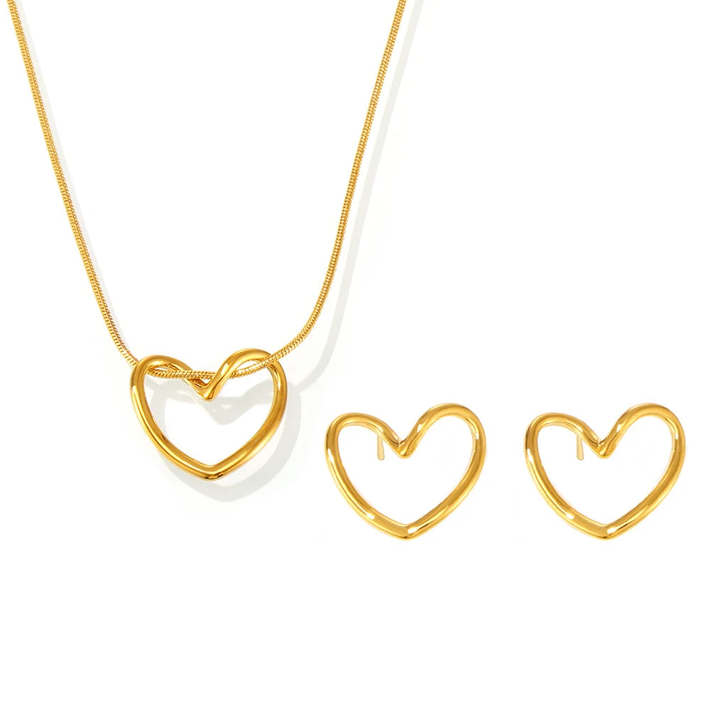 Conjunto de Joias de Luxo com Colar e Brincos de Pingente de Coração Bonito em Aço Inoxidável 316 com Revestimento de Ouro - Joias Impermeáveis para Mulheres, Presente de Joias