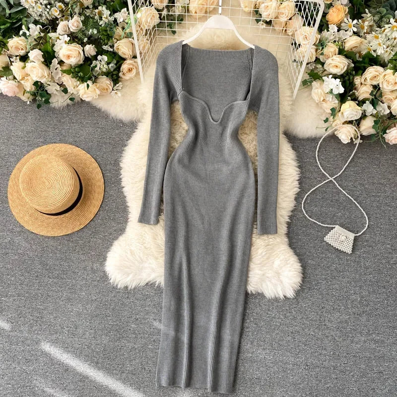 Vestidos para mulheres 2026 vestido justo sem alças em tricô canelado sexy, vestido de suéter midi de manga longa para o inverno