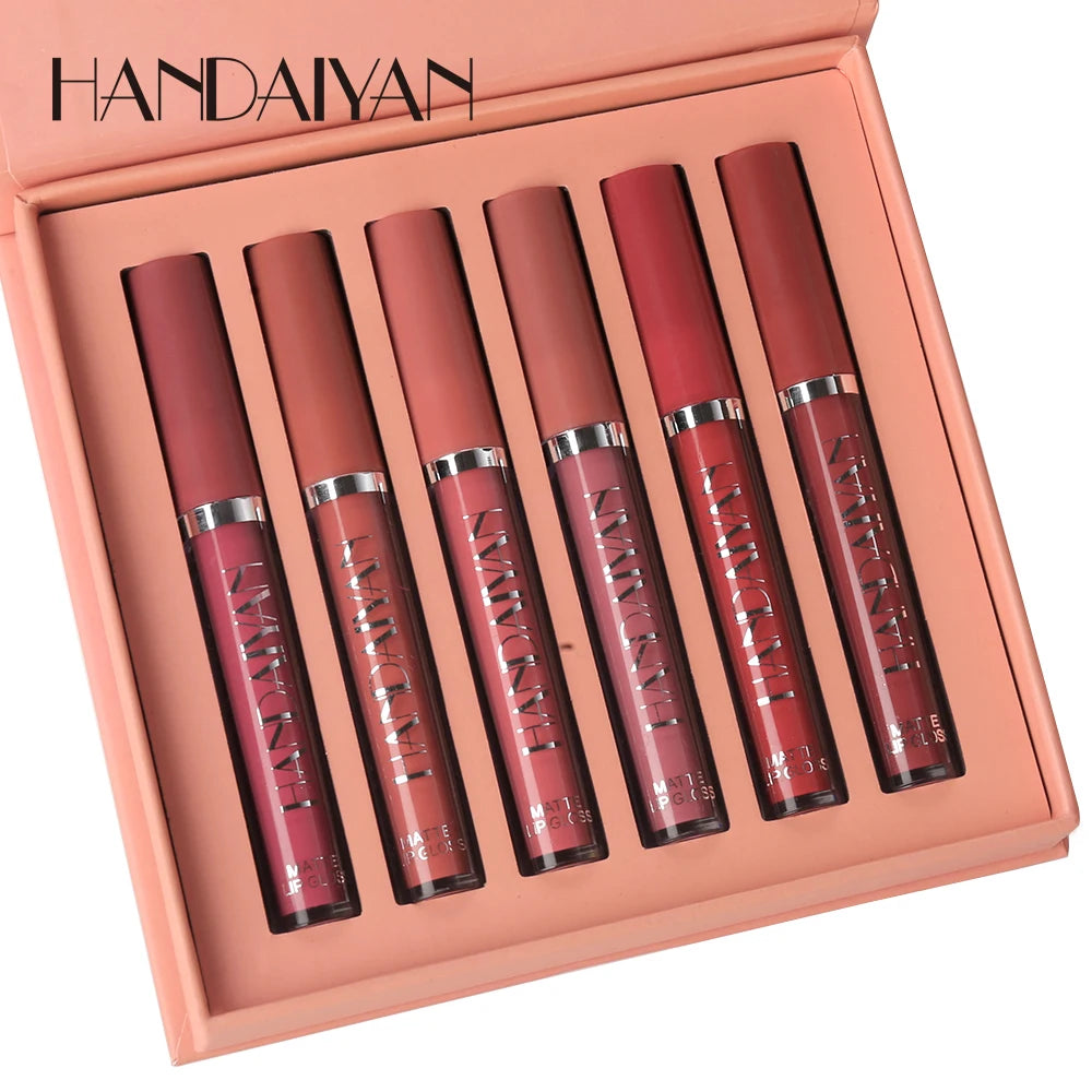Conjunto HANDAIYAN com 6 Batons Líquidos Não Grudentos, Caixa de Presente de Brilho Labial de Longa Duração – Brilho Labial com Acabamento Fosco, Resistente ao Desgaste