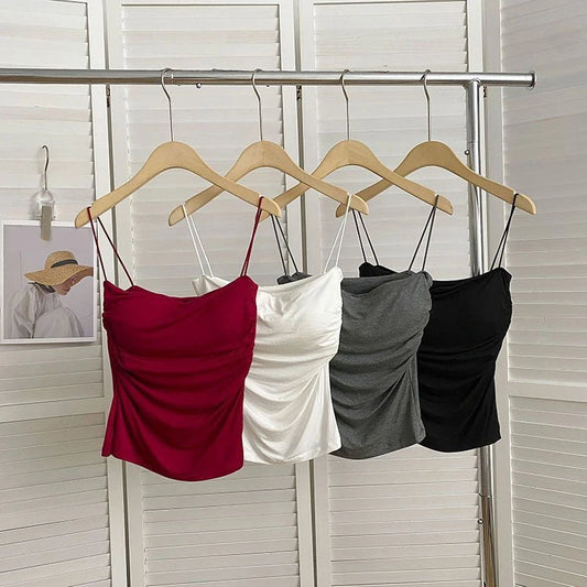 Camisetas Regatas de Verão para Mulheres com Sutiã Embutido, Regatas de Alça Fina, Top Cropped, Tecido Casual de Cor Sólida