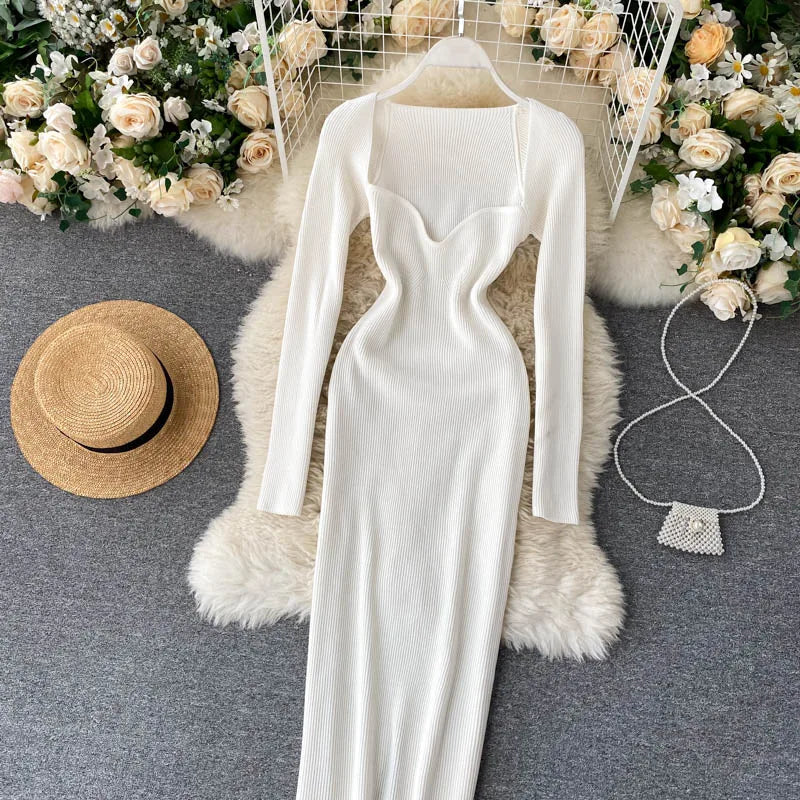 Vestidos para mulheres 2026 vestido justo sem alças em tricô canelado sexy, vestido de suéter midi de manga longa para o inverno
