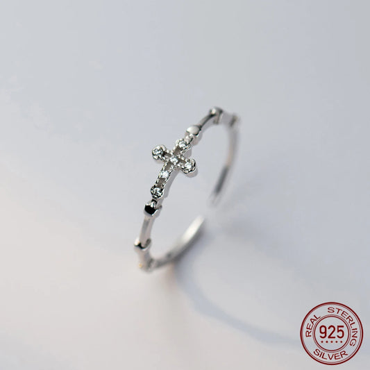 Anel Prata 925 52-59mm Anéis Coreanos para Mulheres Joias de Prata Esterlina 925 Anéis Religiosos de Zircônia Cruz Ajustáveis para Meninas