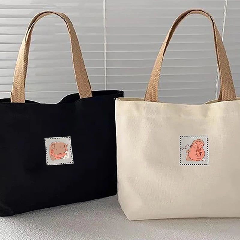 Moo Deng Fashion Canvas Women's Handbag Cute Travel Picnic Food Bag Lunch Bag