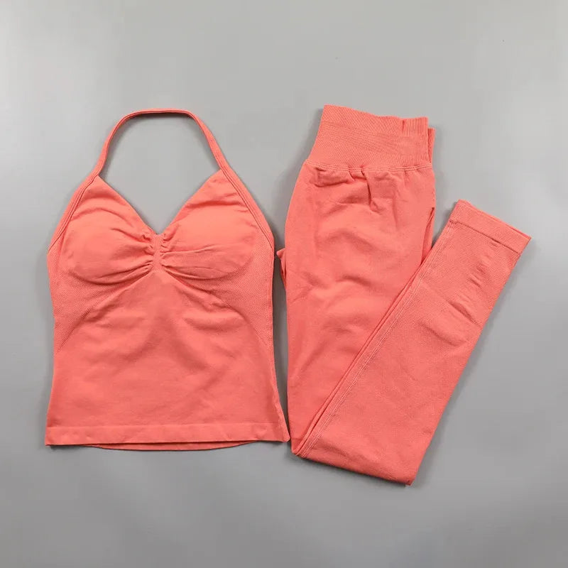 Conjunto de Leggings Impact para Mulheres Conjunto de Yoga Sem Costura Roupa de Fitness Legging com Bumbum Definido Top de Tanque Almofadado Conjuntos de Treino Roupas Esportivas