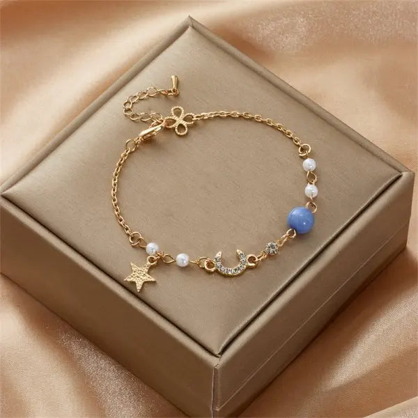 Pulseira de Pérola da Lua Coreana Romântica para Mulheres, Elegante e Exquisita, com Encanto de Estrela e Coração, Braceletes de Cadeia para o Natal.