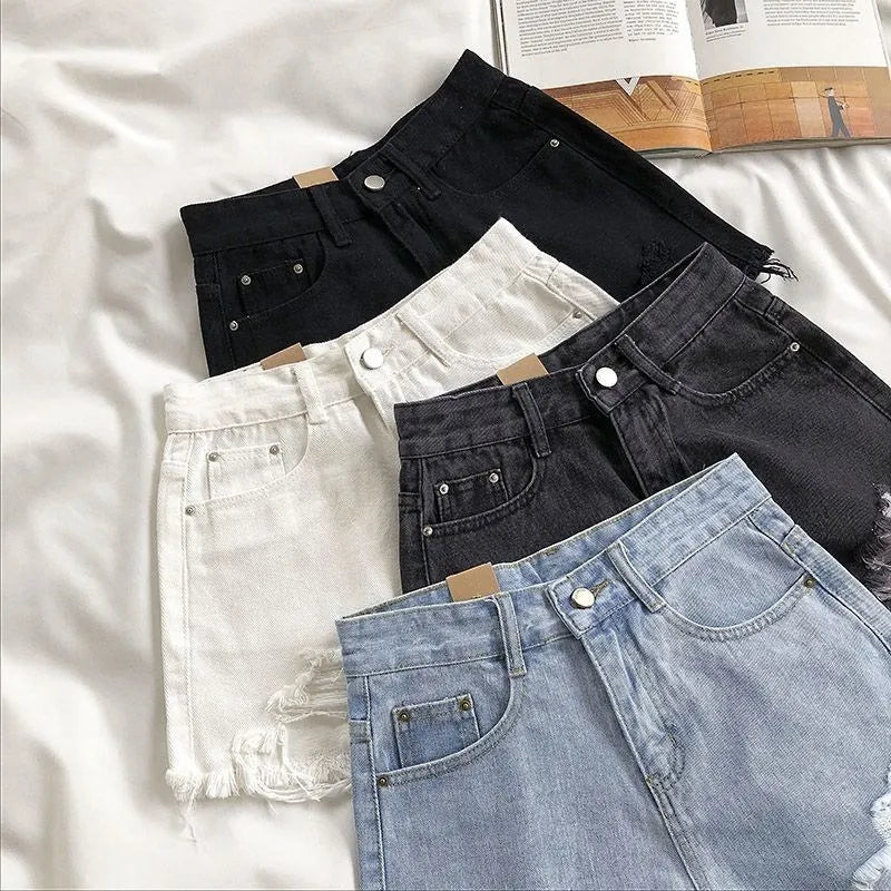 Shorts de Jeans Femininos em Denim Coreano Moda de Verão Casual Cintura Alta Jeans Rasgado com Bolso Tassel Y2K Hot Pants Streetwear Calças Azuis