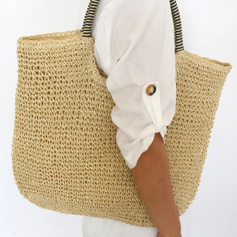 Women Beach Vintage Handmade Woven Shoulder Bag Raffia Rattan Shopping Bags Bohemian Ladies Summer Travel Vacation Casual Totes