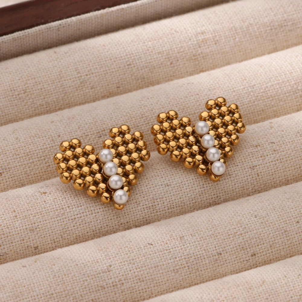 Brincos de Coração em Pérolas Douradas para Mulheres, Brincos Geométricos Quadrados em Aço Inoxidável, Joias de Casamento e Piercing da Moda para o Natal
