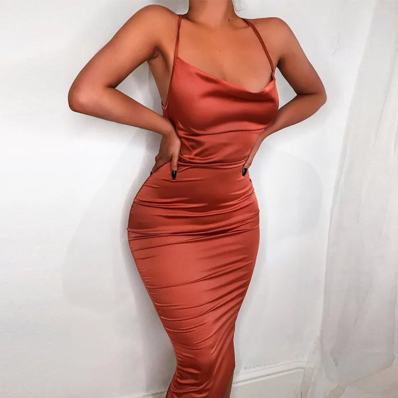 Vestido Midi Longo de Renda Cetim Neon Rosa Claro com Amarração nas Costas, Elegante, Sexy para Festas e Clubes, Roupas de Jantar de Verão 2022