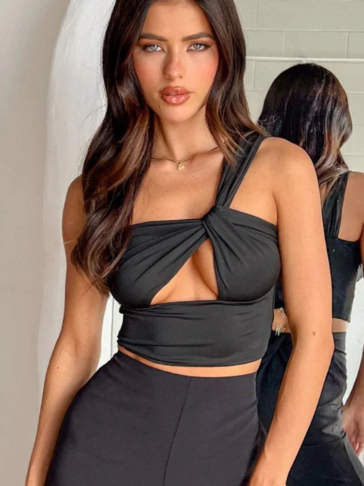 Cropped Top Casual Feminino em Bandagem com Um Ombro Só, Decote Frontal, Cruzado, Sem Mangas, Costas Descobertas para Festas