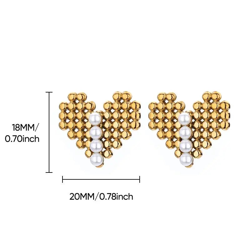 Brincos de Coração em Pérolas Douradas para Mulheres, Brincos Geométricos Quadrados em Aço Inoxidável, Joias de Casamento e Piercing da Moda para o Natal