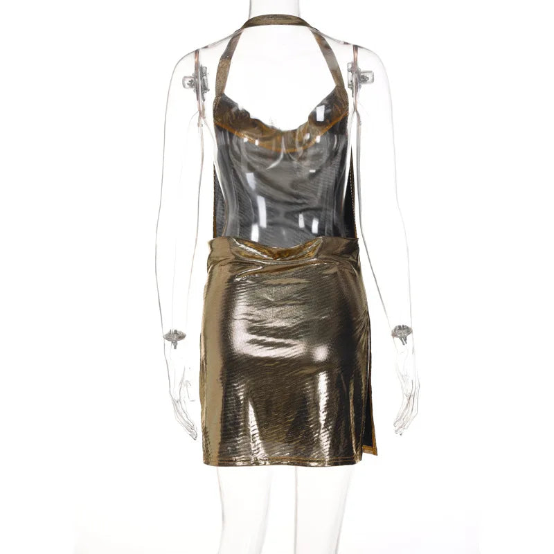 Vestido curto elegante e sexy para mulheres, com decote em V, costas nuas e detalhes de lantejoulas, perfeito para festas e dança.