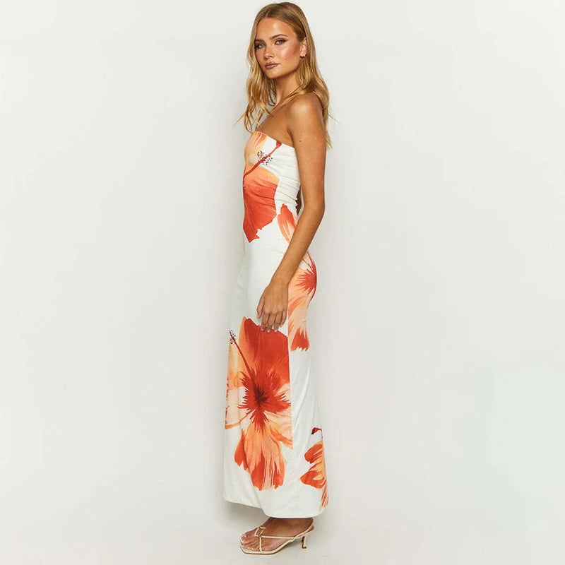 Vestido Longo Tubeless Casual da CUTENOVA para Mulheres 2024 com Estampa de Flor - Off Shoulder, Slim, Ideal para Praia e Férias
