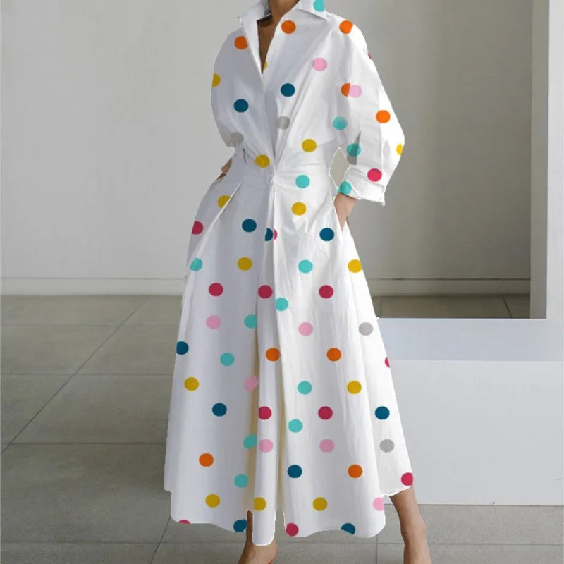 Vestidos Para Mulheres 2024 Vestido Casual Elegante de Verão para Festa, Vestido Camiseta de Bolinha com Decote em V, Estampa Solta com Botões