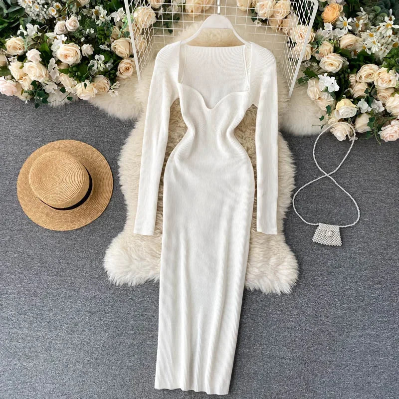 Vestidos para mulheres 2026 vestido justo sem alças em tricô canelado sexy, vestido de suéter midi de manga longa para o inverno