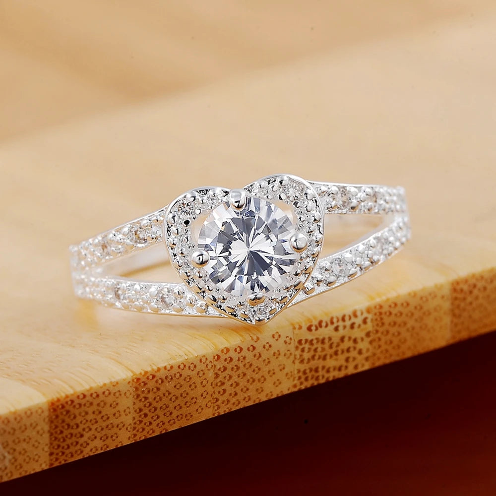 Anel de Zirconia em Coração 925 Prata Esterlina Fina 6-10# para Mulheres Casal Moda Presente de Casamento Acessórios de Joias
