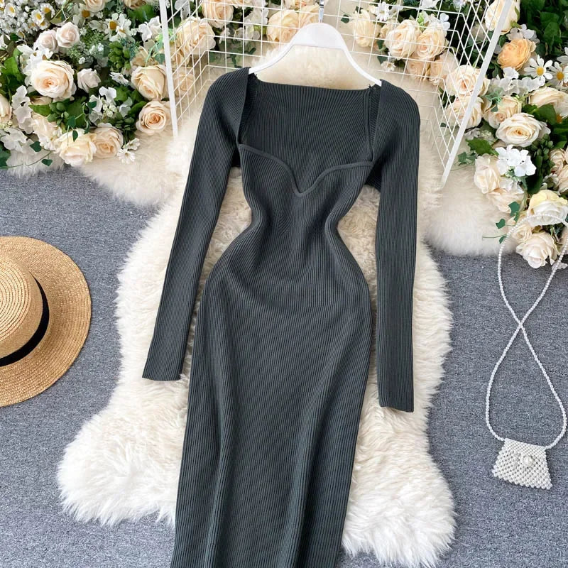 Vestidos para mulheres 2026 vestido justo sem alças em tricô canelado sexy, vestido de suéter midi de manga longa para o inverno