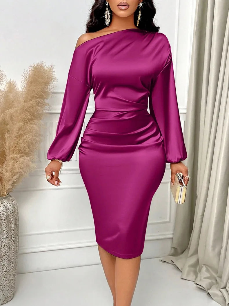 Vestido Feminino Slim Fit de Manga Longa com Decote Redondo e Manga Oca Personalizada Temperamento Novo da Europa 2025