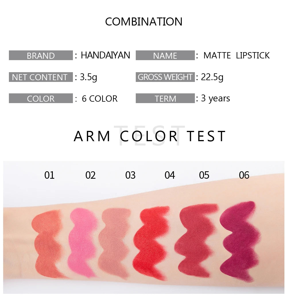 Batom Matte em 6 Cores, Sem Desbotar, Não Gruda no Copo, Acabamento Veludo de Longa Duração, Cor de Lábios Matte Suave e Resistente à Água, à Prova de Borro