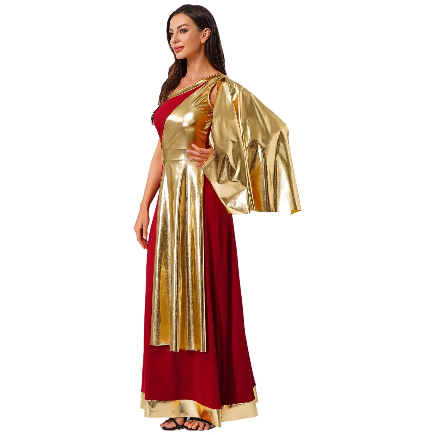 Vestido de Dança Lirica Cristã Feminina Fantasia de Halloween Vestido de Beleza Antiga Grega Romana Cosplay Túnica Tecido Metálico Brilhante Camada Toga