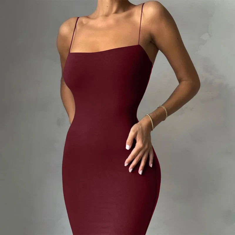 Vestido Preto Sexy de Verão para Mulheres Moda de Rua Sem Mangas Costas Expostas Liso com Alças Finas Justo Casual Roupas de Festa Elegantes
