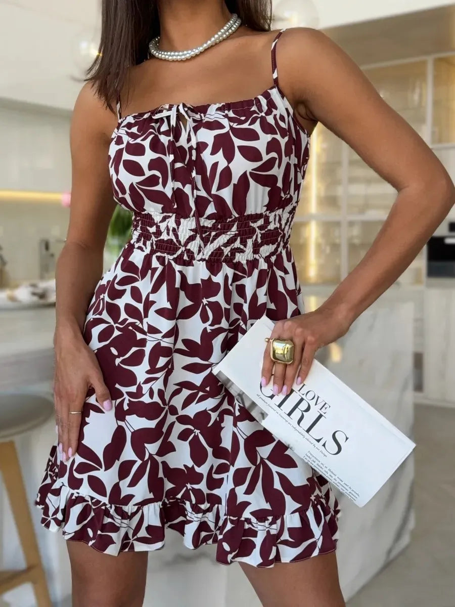 Novo Vestido Feminino de Verão Estampado com Amarração, Vestidos Sem Manga, Vestidos Florais, Vestidos Casuais, Vestidos Elegantes, Roupas Femininas 2025