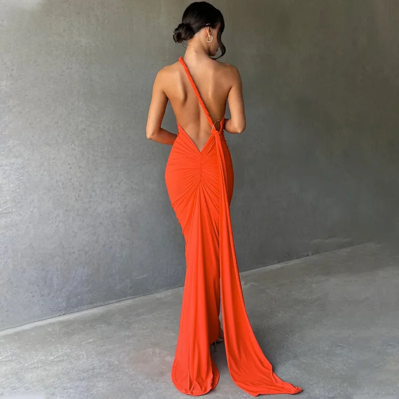 Vestido Longo de Cocktail Elegante Feminino para Festa, Costas Nuas, Abertura Costas, Com Pregas, Justo, Formal para Convidadas de Casamento