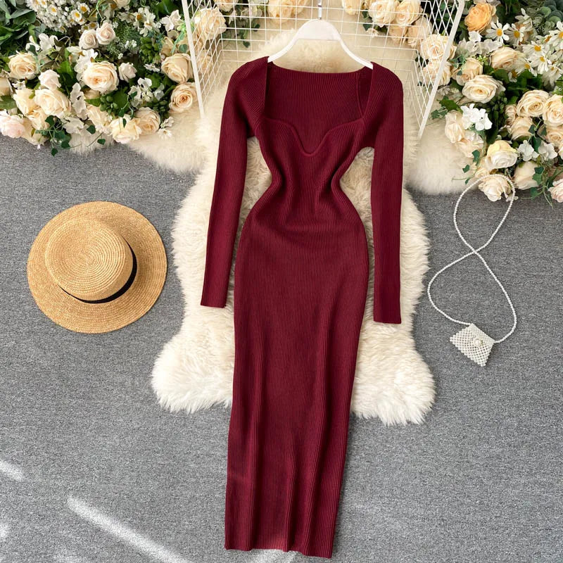 Vestidos para mulheres 2026 vestido justo sem alças em tricô canelado sexy, vestido de suéter midi de manga longa para o inverno